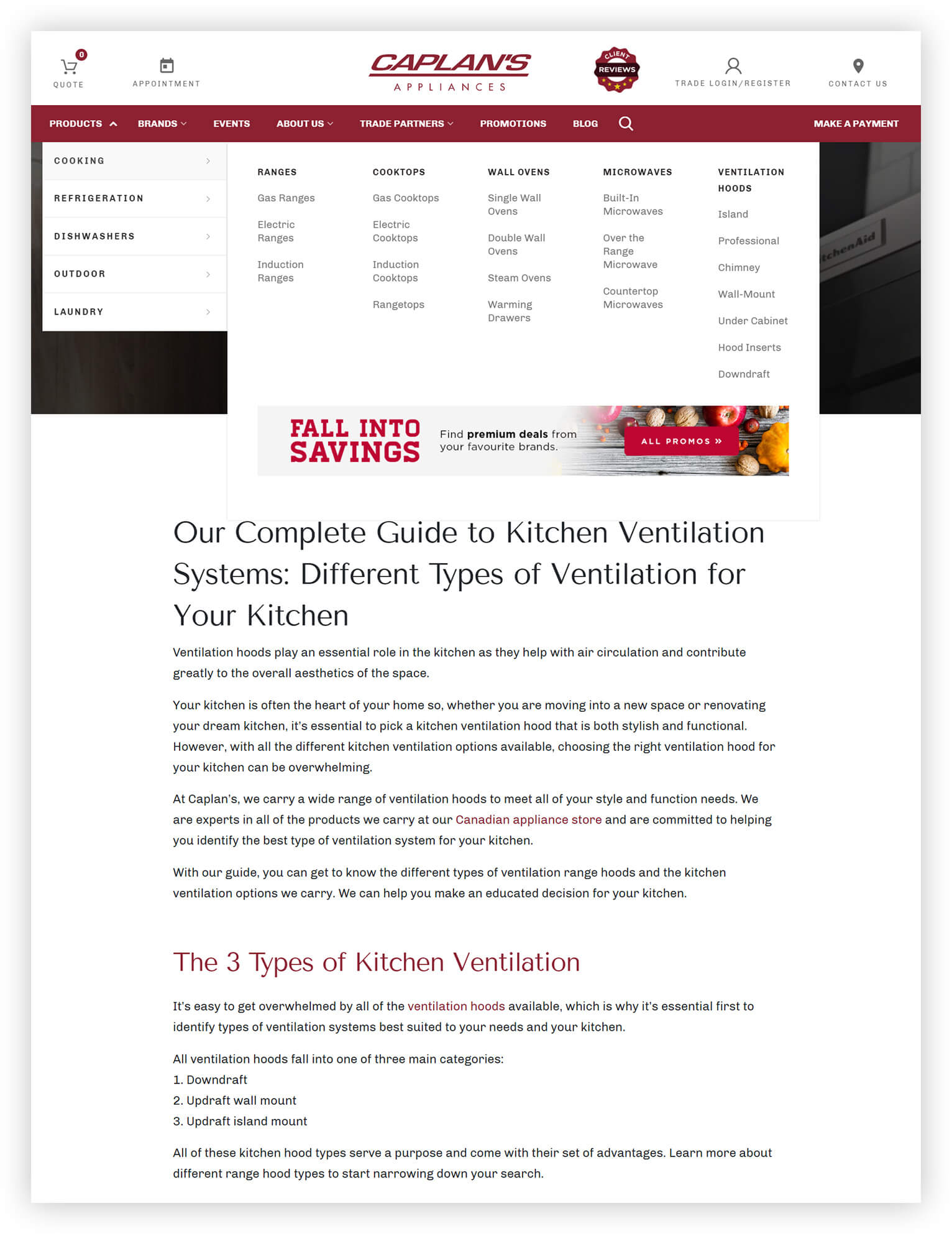 Caplan's Appliances product menu