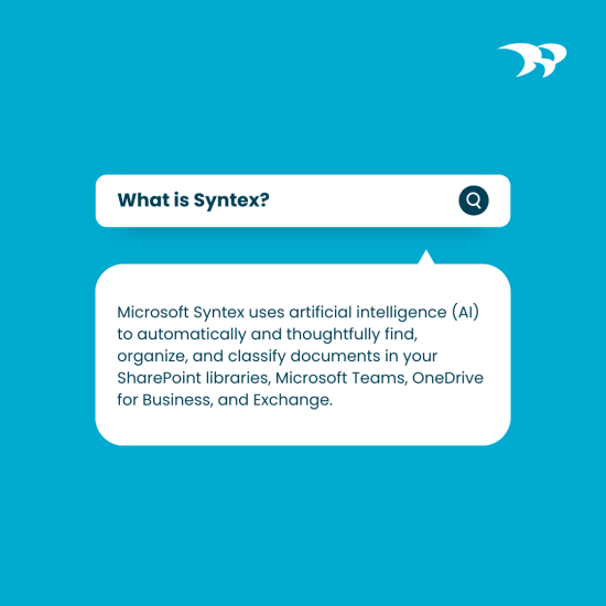 What is Syntex? Microsoft Syntex uses artificial intelligence (AI) to automatically and thoughtfully find, organize, and classify documents in your SharePoint libraries, Microsoft Teams, OneDrive for Business, and Exchange.